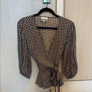 Ganni Black and White Gingham Wrap Top